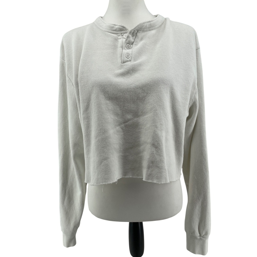 Brandy Melville Cropped Henley Top Womens One Size White Waffle Knit Thermal Y2K